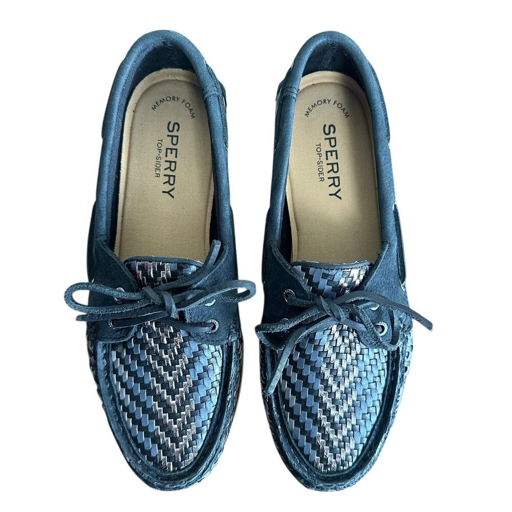 Sperry Women's Black Silver Authentic Original 2-Eye Woven Leather Boat Shoe 8